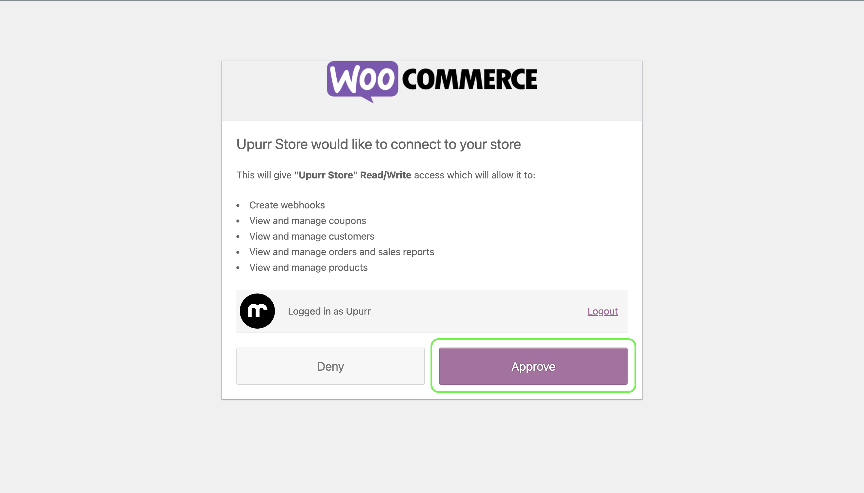WooCommerce Upurr Store Approve